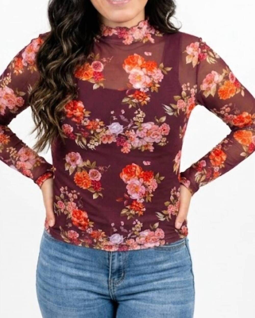 NEW MAIN STRIP floral mesh top in chocolate